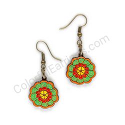 Wooden Drop Floral Earrings - Fairy Bloom (circular), Multicolored