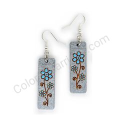 Wooden Drop Floral Earrings - Blooming Path (rectangular), Silver