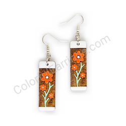 Wooden Drop Floral Earrings - Blooming Path 2 (rectangular), Red