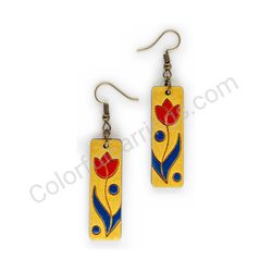 Wooden Drop Floral Earrings - Tulip Beauty (rectangular), Red