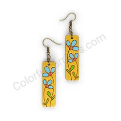 Wooden Drop Floral Earrings - Twin Snowdrops (rectangular), Turquoise