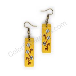 Wooden Drop Floral Earrings - Delicate Blooming Path (rectangular), Turquoise