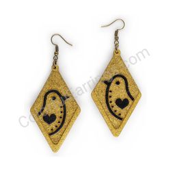 Wooden Drop Folk Earrings - Lovebird Lineart (diamond shape), Gold