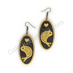 Wooden Drop Folk Earrings - Starbird Love (oval), Gold