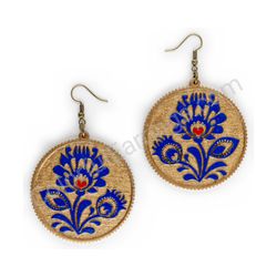 Wooden Drop Folk Earrings - Flower of Tradition Trio Bold (circular), Blue