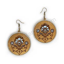 Wooden Drop Folk Earrings - Flower of Tradition Trio Elegant 2 (circular), Turquoise
