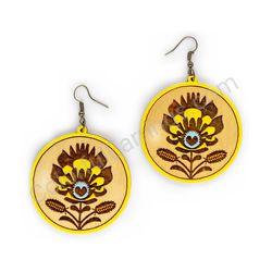 Wooden Drop Folk Earrings - Flower of Tradition 2 (circular), Yellow