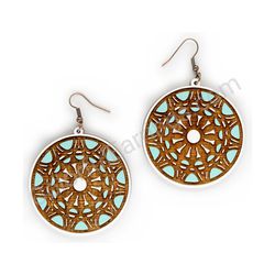 Wooden handmade mandala earrings - Radiant Orbit (white-turquoise)