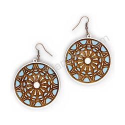 Wooden handmade mandala earrings - Radiant Orbit (white-blue)
