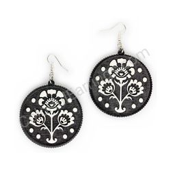 Wooden Drop Folk Earrings - Flower of Tradition Trio Classic (circular), Black and white