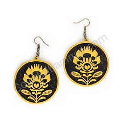 Wooden Drop Folk Earrings - Flower of Tradition (circular), Gold