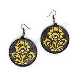 Wooden Drop Folk Earrings - Flower of Tradition Trio Bold (circular), Gold