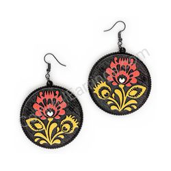 Wooden Drop Folk Earrings - Flower of Tradition Trio Bold 2 (circular), Multicolored