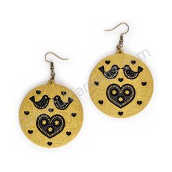 Wooden Drop Folk Earrings - Lovebirds Soulmate (circular), Gold