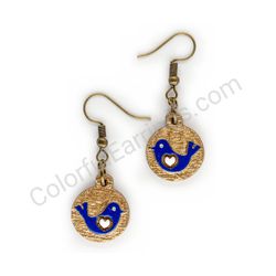 Wooden Drop Folk Earrings - Lovebird (circular), Blue