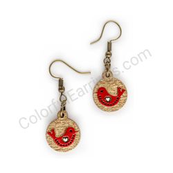 Wooden Drop Folk Earrings - Lovebird (circular), Red