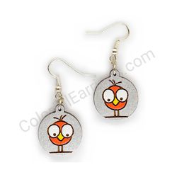 Wooden Drop Funky Earrings - Crazy Birdie Standing (circular), Red