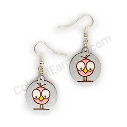 Wooden Drop Funky Earrings - Crazy Birdie Standing (circular), Pink