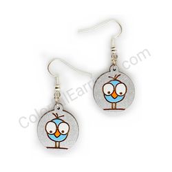 Wooden Drop Funky Earrings - Crazy Birdie Standing (circular), Blue
