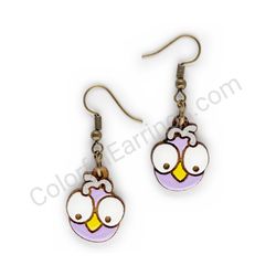 Wooden Drop Funky Earrings - Crazy Birdie (irregular), Purple