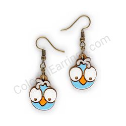 Wooden Drop Funky Earrings - Crazy Birdie (irregular), Blue