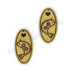 Wooden Drop Folk Earrings - Starbird Love Lineart (oval), Gold