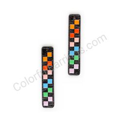 Wooden Drop Geometric Earrings - Chess Grid Slim (rectangular), Colorful 2