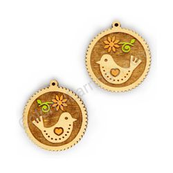 Wooden Drop Folk Earrings - Lovebird Bloom (circular), Orange