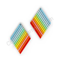 Wooden Drop Geometric Earrings - Slanted Stripes (diamond-shaped), Colorful 5