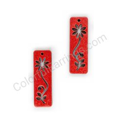 Wooden Drop Floral Earrings - Sharp Blossom Silhouette (rectangular), Red