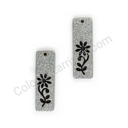 Wooden Drop Floral Earrings - Sharp Blossom Silhouette (rectangular), Silver