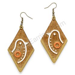 Wooden Drop Folk Earrings - Starbird Lineart (diamond shape), Orange