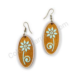 Wooden Drop Folk Earrings - Sharp Blossom (oval), Turquoise