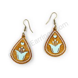 Wooden Drop Folk Earrings - Tulip Love (teardrop, wide), Turquoise