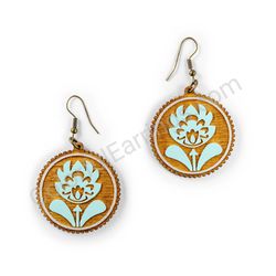 Wooden Drop Folk Earrings - Flower of Tradition (circular), Turquoise