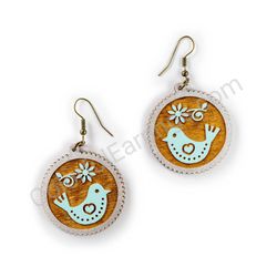 Wooden Drop Folk Earrings - Lovebird Bloom (circular), Turquoise