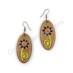 Wooden Drop Folk Earrings - Sharp Blossom (oval), Multicolored