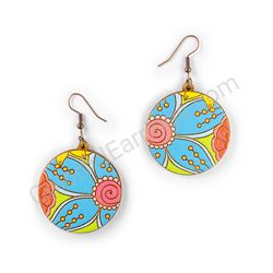 Drop Wooden Circular Floral Earrings - Hippie Blossom 16