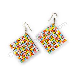 Wooden Drop Geometric Earrings - Rubik's Cube (diamond shape), Multicolored 6