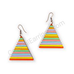 Wooden Drop Geometric Earrings - Horizontal Striped Elegance (triangle), Multicolored