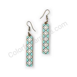 Wooden Drop Geometric Earrings - Diamond Stripes 5 (rectangular), Turquoise