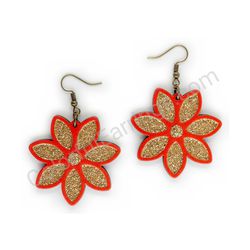 Wooden Drop Floral Earrings - Elegant Bloom (irregular), Red