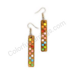 Wooden Drop Geometric Earrings - Chess Grid Slim (rectangular), Colorful 1