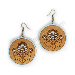 Wooden Drop Folk Earrings - Flower of Tradition Trio Elegant 1 (circular), Turquoise